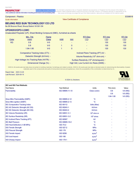 UL Certification E538818-Component Plastics